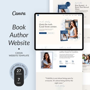 Op de afbeelding: Een Canva website template voor boekauteurs. Het ontwerp toont een tablet met een website-indeling met een vrouw die een boek vasthoudt. De template bevat secties, pagina's en de tekst "Quiet the rush. Lead from center."