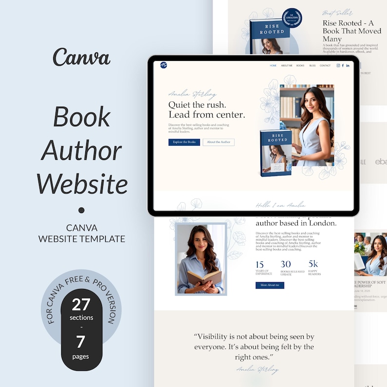 Op de afbeelding: Een Canva website template voor boekauteurs. Het ontwerp toont een tablet met een website-indeling met een vrouw die een boek vasthoudt. De template bevat secties, pagina's en de tekst "Quiet the rush. Lead from center."