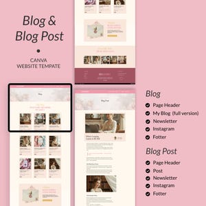 May include: A digital design template for a blog and blog post, displayed on a tablet and a website layout. The design features a soft pink and cream color scheme with floral accents. Text includes "Blog & Blog Post" and "CANVA WEBSITE TEMPLATE".