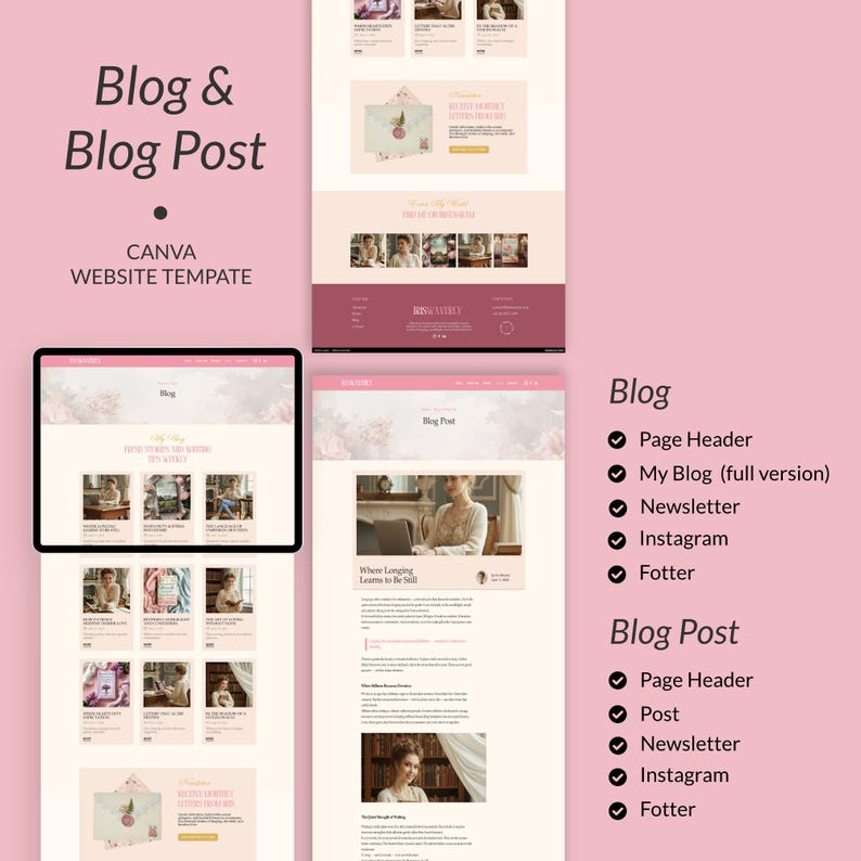 May include: A digital design template for a blog and blog post, displayed on a tablet and a website layout. The design features a soft pink and cream color scheme with floral accents. Text includes "Blog & Blog Post" and "CANVA WEBSITE TEMPLATE".