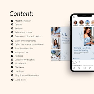 Puede incluir: Imagen promocional para la cuenta de Instagram de un escritor. La imagen presenta un tel&eacute;fono inteligente que muestra una publicaci&oacute;n sobre consejos de escritura, una p&aacute;gina impresa con indicaciones de escritura y una lista de temas de contenido.