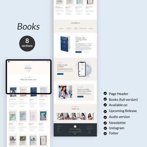 Op de afbeelding: Een website-indeling met boekomslagen, een tablet met een boekpagina en een telefoon met een app-interface. De pagina bevat het woord "Books" en de tekst "Stillness Sells - Coming Winter 2025".