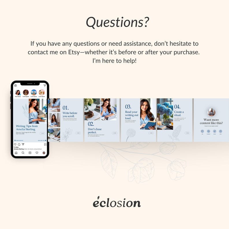 Puede incluir: Un smartphone muestra una publicaci&oacute;n de Instagram con el texto "Writing Tips from Amelia Sterling". La publicaci&oacute;n incluye im&aacute;genes y texto: "Write before you scroll", "Don't chase perfect", "Read your writing out loud" y "Create a ritual". La imagen tambi&eacute;n incluye la palabra "&eacute;closion".