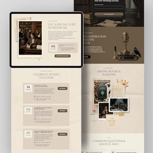May include: A digital interface displaying a website layout with a beige color palette. It features sections for book events, reading society sign-ups, and a mood board titled Among Books & Shadows, incorporating vintage-style photographs and text.