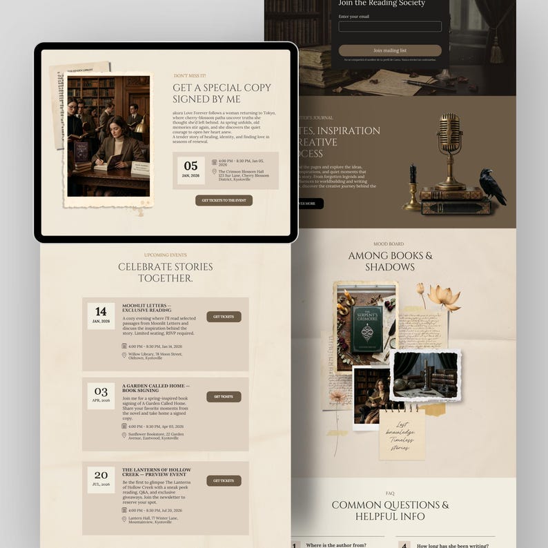 May include: A digital interface displaying a website layout with a beige color palette. It features sections for book events, reading society sign-ups, and a mood board titled Among Books & Shadows, incorporating vintage-style photographs and text.