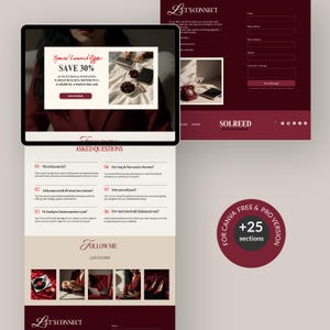 Puede incluir: Dise&ntilde;o de sitio web de marketing digital con una combinaci&oacute;n de colores burdeos y crema. El sitio web incluye una oferta de lanzamiento especial, un formulario de contacto y una secci&oacute;n con preguntas frecuentes. El dise&ntilde;o incluye el texto "SAVE 30%".