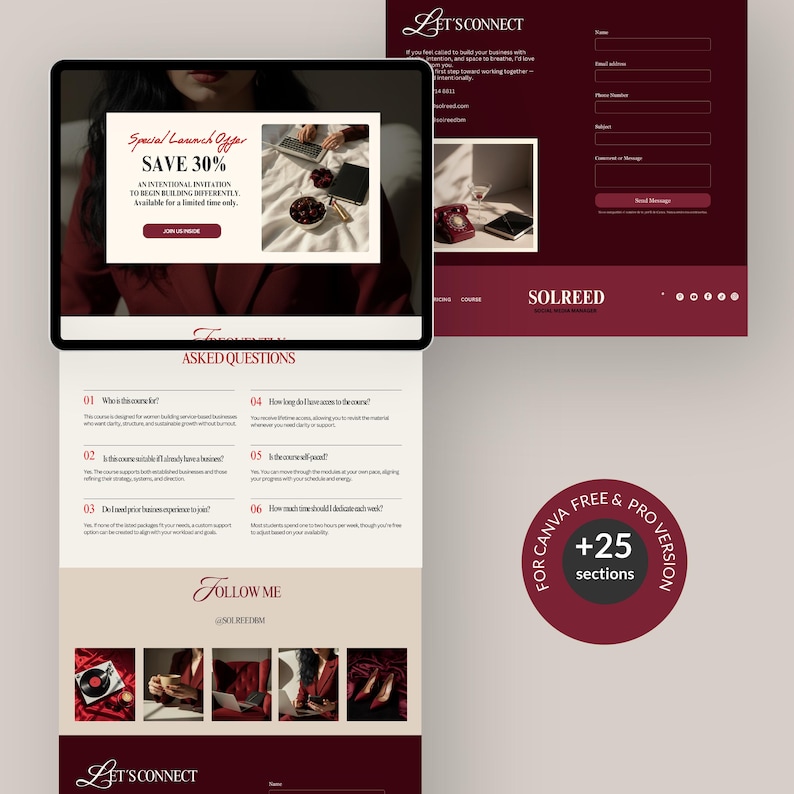 Puede incluir: Dise&ntilde;o de sitio web de marketing digital con una combinaci&oacute;n de colores burdeos y crema. El sitio web incluye una oferta de lanzamiento especial, un formulario de contacto y una secci&oacute;n con preguntas frecuentes. El dise&ntilde;o incluye el texto "SAVE 30%".