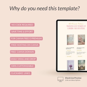 May include: A digital template displayed on a tablet screen, showcasing a website design with book covers and text. The text includes "Why do you need this template?" and features like "No code required" and "100% customizable."