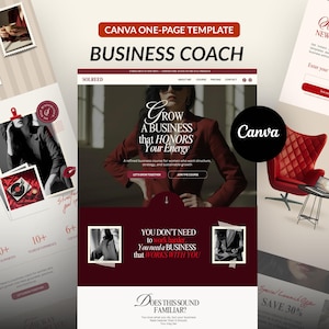 May include: A Canva one-page template for a business coach, showcasing a website design with the text "Grow a Business that Honors Your Energy." The design incorporates images, text, and a red colour scheme. A red chair and a small table are in the background.