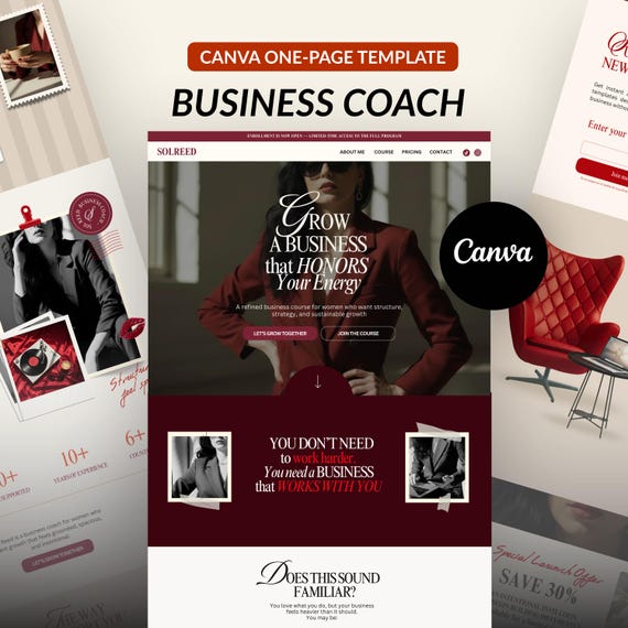 Business Coach Canva Landing Page Template, Burgundy Red Coaching Website, Online Course Sales Page, Luxury Funnel, Lead Magnet for Women
