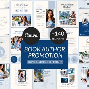 May include: A promotional graphic for book authors, featuring templates for Instagram posts, stories, and highlights. The design incorporates images of a woman, floral elements, and text such as "Launch Day" and "Freebie". The Canva logo is also visible.