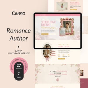 May include: A digital mockup of a website design for a romance author, featuring a pink and cream color scheme. The website design includes the text "Where Love Lingers Between Pages..." and "Meet Iris, A Prolific". The Canva multi-page website has 27 sections and 7 pages.