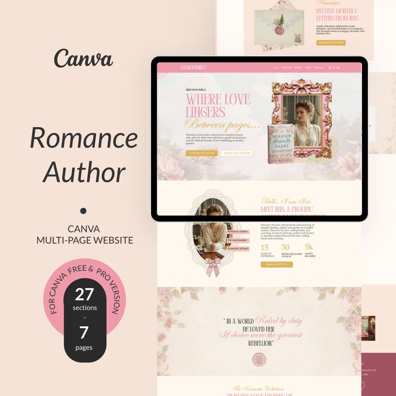 May include: A digital mockup of a website design for a romance author, featuring a pink and cream color scheme. The website design includes the text "Where Love Lingers Between Pages..." and "Meet Iris, A Prolific". The Canva multi-page website has 27 sections and 7 pages.