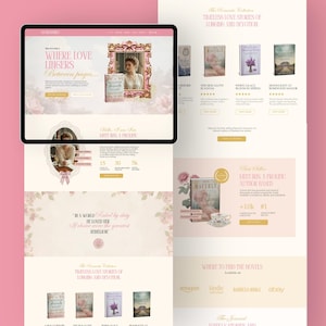 May include: A website design with a pink and white color scheme, showcasing book covers and promotional text. The site features the text "WHERE LOVE LINGERS Between pages..." and "TIMELESS LOVE STORIES OF LONGING AND DEVOTION."
