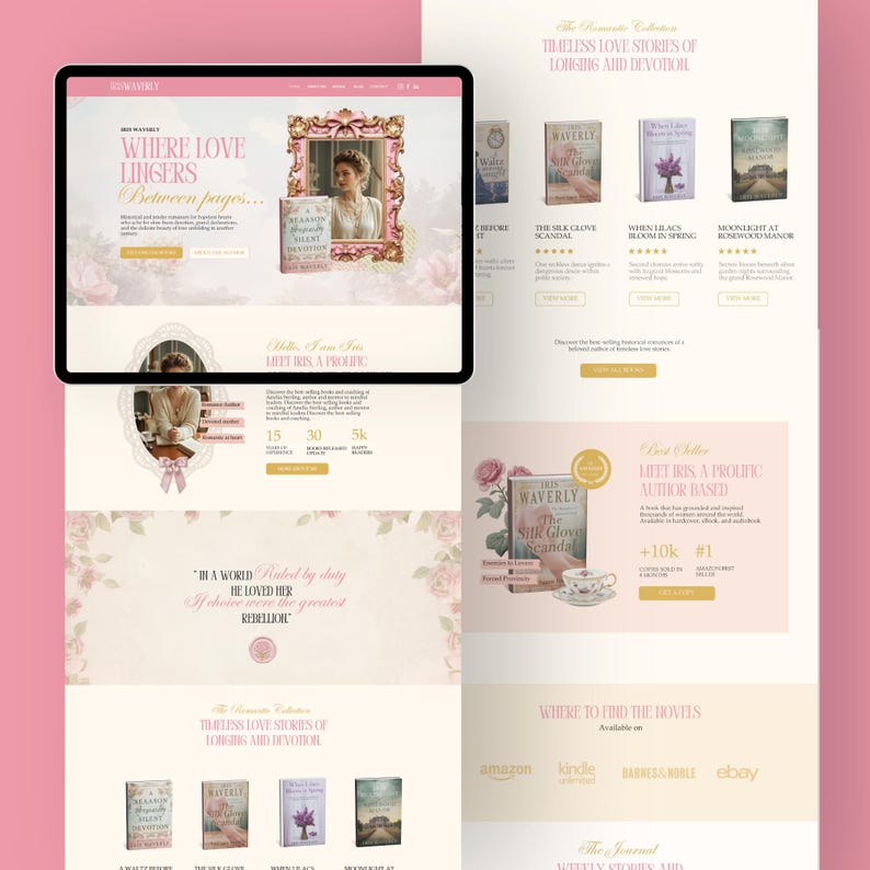 May include: A website design with a pink and white color scheme, showcasing book covers and promotional text. The site features the text "WHERE LOVE LINGERS Between pages..." and "TIMELESS LOVE STORIES OF LONGING AND DEVOTION."