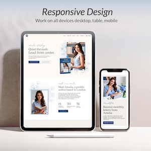 Op de afbeelding: Een digitale mockup met een website-ontwerp op een tablet en smartphone. De website heeft een strakke lay-out met afbeeldingen van een vrouw, bloemaccenten en de tekst "Responsive Design" en "Work on all devices desktop, table, mobile."