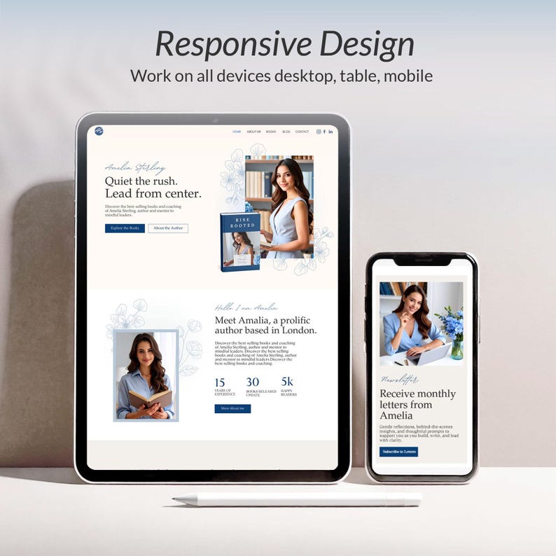 Op de afbeelding: Een digitale mockup met een website-ontwerp op een tablet en smartphone. De website heeft een strakke lay-out met afbeeldingen van een vrouw, bloemaccenten en de tekst "Responsive Design" en "Work on all devices desktop, table, mobile."