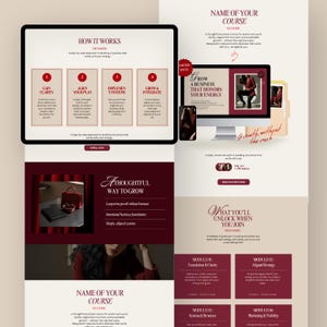 Puede incluir: Dise&ntilde;o de p&aacute;gina web en borgo&ntilde;a y crema, que promociona un curso de negocios. El dise&ntilde;o incluye texto y gr&aacute;ficos, con secciones como "C&oacute;mo funciona" y "Qu&eacute; desbloquear&aacute;s al unirte".
