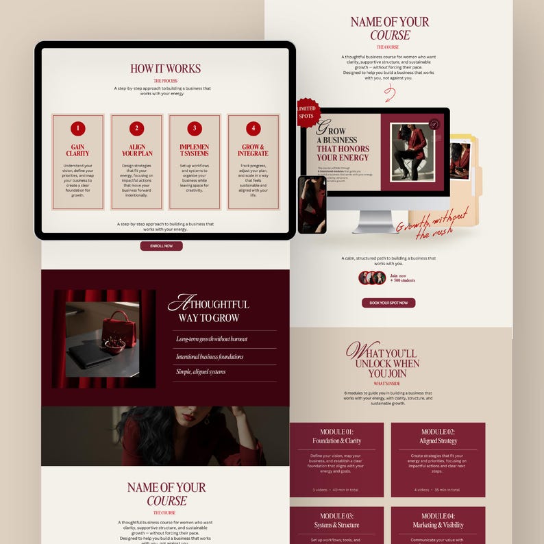 Puede incluir: Dise&ntilde;o de p&aacute;gina web en borgo&ntilde;a y crema, que promociona un curso de negocios. El dise&ntilde;o incluye texto y gr&aacute;ficos, con secciones como "C&oacute;mo funciona" y "Qu&eacute; desbloquear&aacute;s al unirte".