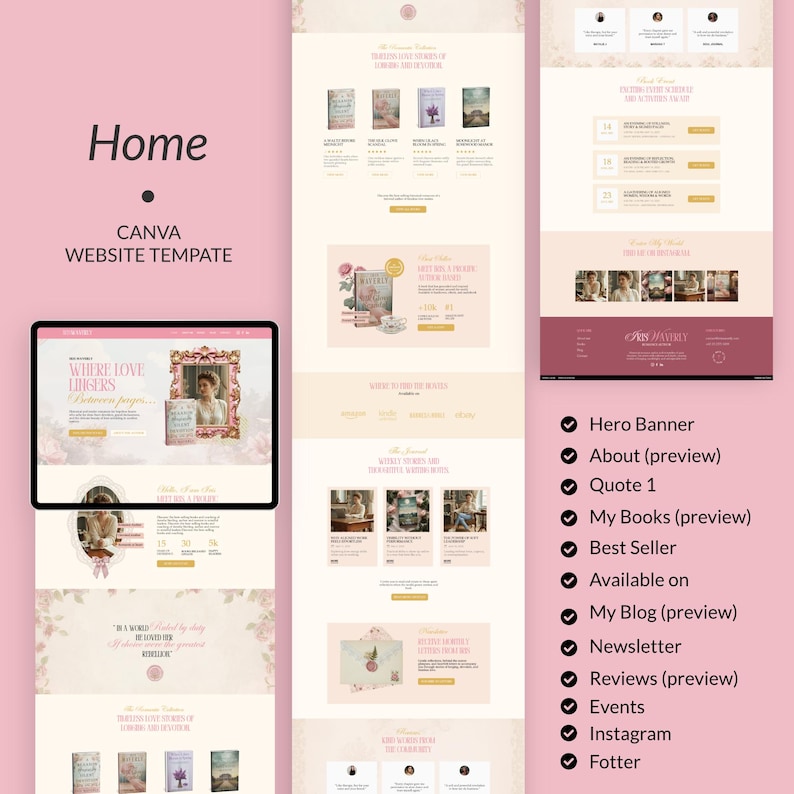May include: A website template design in shades of pink and cream, featuring a book theme. The design includes sections for a hero banner, about, quote, books, best seller, blog, newsletter, reviews, events, and Instagram. Text includes "Home" and "CANVA WEBSITE TEMPLATE."
