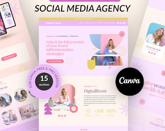 Landningssida för sociala medier-hanterare, portfoliomall för marknadsföringsbyrå, Canva-webbmall för sociala medier-byråer, coach för sociala medier.