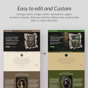 May include: A digital website template display showing two variations of an author landing page. The text reads Easy to edit and Custom, Change colors, images, fonts, animations, pages, or text in minutes. Add your photos, videos, text, social media links, or other site links.