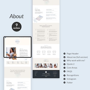 Op de afbeelding: Website-ontwerp met het woord "Over" en "9 secties" in een zwarte cirkel. Het ontwerp bevat secties over kerngebieden, veelgestelde vragen en onderscheidingen. Een tablet toont een webpagina met een vrouw die een boek vasthoudt.