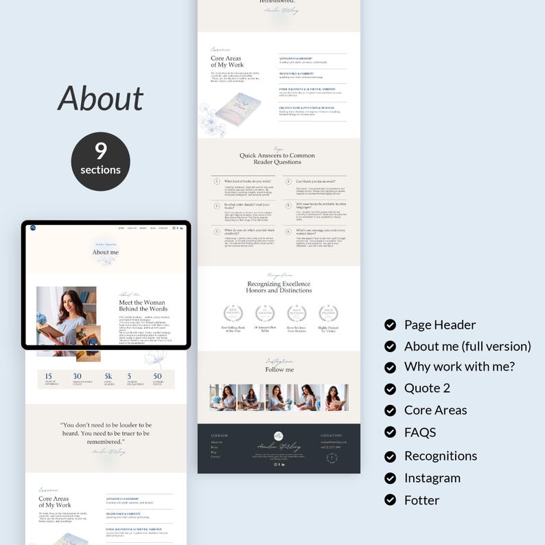Op de afbeelding: Website-ontwerp met het woord "Over" en "9 secties" in een zwarte cirkel. Het ontwerp bevat secties over kerngebieden, veelgestelde vragen en onderscheidingen. Een tablet toont een webpagina met een vrouw die een boek vasthoudt.