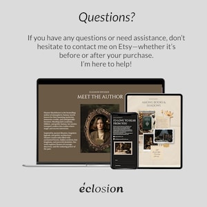 May include: A laptop, tablet, and smartphone displaying author profile pages with text including Questions?, Meet the Author, and I'd Love to Hear From You. The screens feature dark brown and cream backgrounds with book-themed imagery and the brand name &eacute;closion.