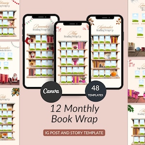 May include: Digital templates for Instagram posts and stories. The design features three smartphones displaying a bookshelf layout for monthly book reviews. The text includes "12 Monthly Book Wrap" and "IG POST AND STORY TEMPLATE".