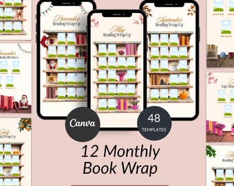 Bookstagram Template: 12 Monthly Book Wrap in Canva, Monthly Reading Template, Book Reading Tracker Template, Social Media Template.