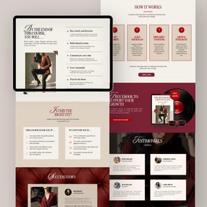 Puede incluir: Dise&ntilde;o de sitio web en borgo&ntilde;a y crema. El dise&ntilde;o presenta texto, gr&aacute;ficos e im&aacute;genes. El texto incluye "By the end of this course, you will...", "How it works" y "Free ebook to support your growth".