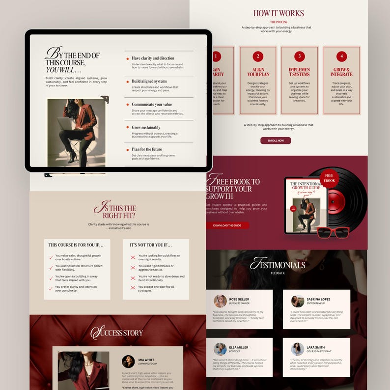 Puede incluir: Dise&ntilde;o de sitio web en borgo&ntilde;a y crema. El dise&ntilde;o presenta texto, gr&aacute;ficos e im&aacute;genes. El texto incluye "By the end of this course, you will...", "How it works" y "Free ebook to support your growth".