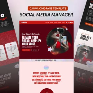 Puede incluir: Plantilla de una página de Canva para un administrador de redes sociales. El diseño presenta a una mujer con gafas de sol sosteniendo un teléfono, con el texto "Eleva tu marca. Amplifica tu voz". La combinación de colores es roja y blanca.