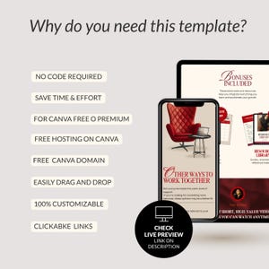 Puede incluir: Una plantilla de marketing digital que se muestra en una tableta y un tel&eacute;fono inteligente. La pantalla del tel&eacute;fono inteligente muestra un sill&oacute;n rojo y el texto "Other Ways to Work Together". El texto de la izquierda enumera caracter&iacute;sticas como "No Code Required".