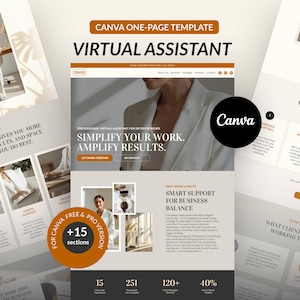 Może przedstawiać: Szablon Canva na jedną stronę dla wirtualnego asystenta, o nowoczesnym designie i neutralnej palecie kolorów. Projekt zawiera sekcje dla usług, portfolio i danych kontaktowych. Szablon promuje upraszczanie pracy i wzmacnianie wyników.