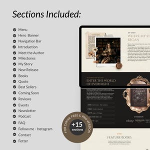 May include: A digital template preview featuring a list of sections including Menu, Hero Banner, Navigation Bar, Introduction, Meet the Author, Milestones, My Story, New Release, Books, Quote, Best Sellers, Coming Soon, Reviews, Events, Newsletter, Podcast, FAQ, Follow me - Instagram, Contact, and Footer.