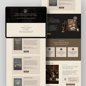 May include: A digital interface displaying a book-themed website with a dark color palette. The layout features book covers titled Nightshade Academy, House of Ravens, and The Hollow Crown, alongside text excerpts, reviews, and an event announcement.