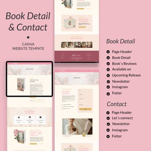 May include: A website template design with a pink and white color scheme. The design includes sections for book details, contact information, and a list of features. The text "Book Detail & Contact" is displayed at the top.