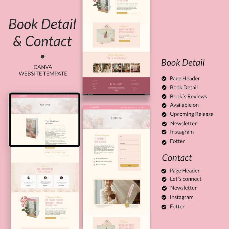 May include: A website template design with a pink and white color scheme. The design includes sections for book details, contact information, and a list of features. The text "Book Detail & Contact" is displayed at the top.