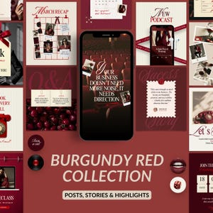 May include: A burgundy red social media collection with posts, stories, and highlights. The design includes a smartphone displaying a quote, a calendar, and a podcast graphic. The text reads "Your business doesn't need more noise, it needs direction."