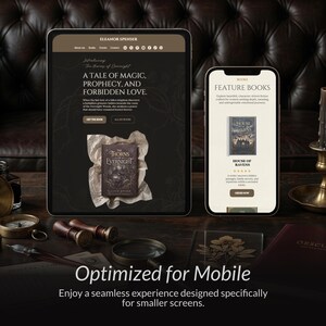 May include: A tablet and a smartphone displaying a website for Eleanor Spenser, featuring the book The Thorns of Evernight. The screen shows text including A Tale of Magic, Prophecy, and Forbidden Love, and the mobile screen displays Feature Books.