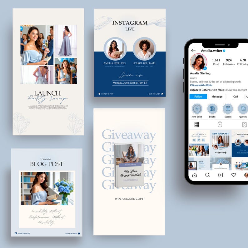 Puede incluir: Un conjunto de gr&aacute;ficos para redes sociales y una pantalla de tel&eacute;fono que muestra un perfil de Instagram. Los gr&aacute;ficos promocionan el lanzamiento de un libro, una publicaci&oacute;n de blog y un sorteo. El perfil de Instagram pertenece a "Amelia.writer."