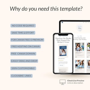 Op de afbeelding: Een digitaal marketingtemplate weergegeven op een tablet en smartphone. De smartphone toont een website-ontwerp met de tekst "Discover the Books That Shaped My Writer's Voice". Tekst aan de linkerkant geeft functies weer.