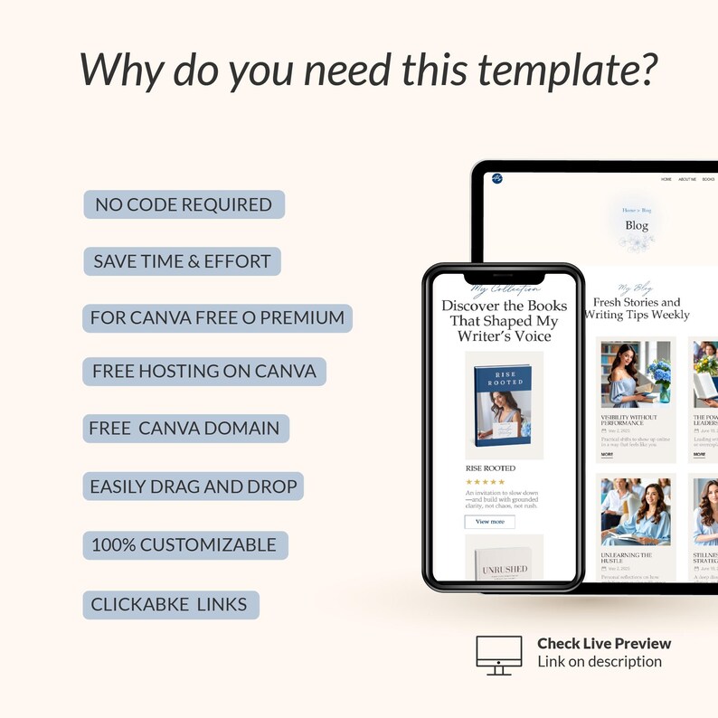Op de afbeelding: Een digitaal marketingtemplate weergegeven op een tablet en smartphone. De smartphone toont een website-ontwerp met de tekst "Discover the Books That Shaped My Writer's Voice". Tekst aan de linkerkant geeft functies weer.