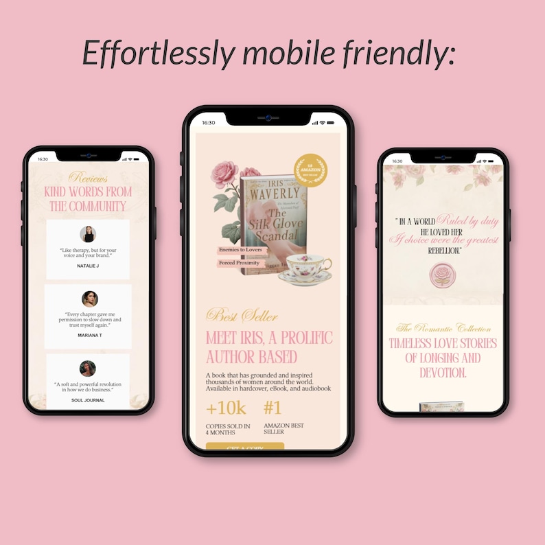 May include: Three smartphones displaying book-related content against a pink background. The central phone shows a book cover with the title "The Silk Glove Scandal." Text includes reviews, author details, and book sales information.