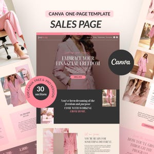 Può includere: Un modello di pagina di vendita Canva con una combinazione di colori rosa e bianco. Il design include il testo "EMBRACE YOUR FINANCIAL FREEDOM" e "COME WITH WORKING FROM HOME". Il modello è per 30 sezioni e include il logo Canva.