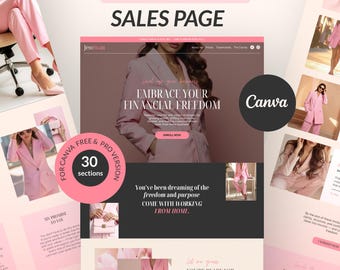 Página de ventas de cursos, plantilla de sitio web para coach de negocios, plantilla de página de destino para embudo de ventas, diseño web rosa para creador de cursos de negocios