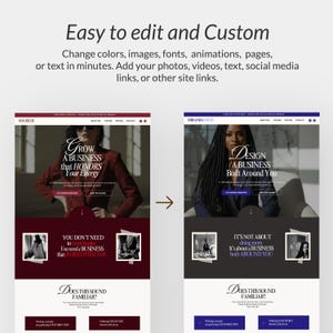Puede incluir: Una plantilla de dise&ntilde;o web con el texto "Easy to edit and Custom". El dise&ntilde;o presenta dos ejemplos de dise&ntilde;os de sitios web, uno con un tema burdeos y otro con un tema azul marino. El texto incluye "Grow a Business" y "Design a Business."