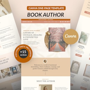 Puede incluir: Plantilla de Canva de una página para un autor de libros, con una portada de libro titulada "Sakura Love Forever". El diseño utiliza una paleta de colores suaves, con texto y gráficos para promocionar el libro y el autor.